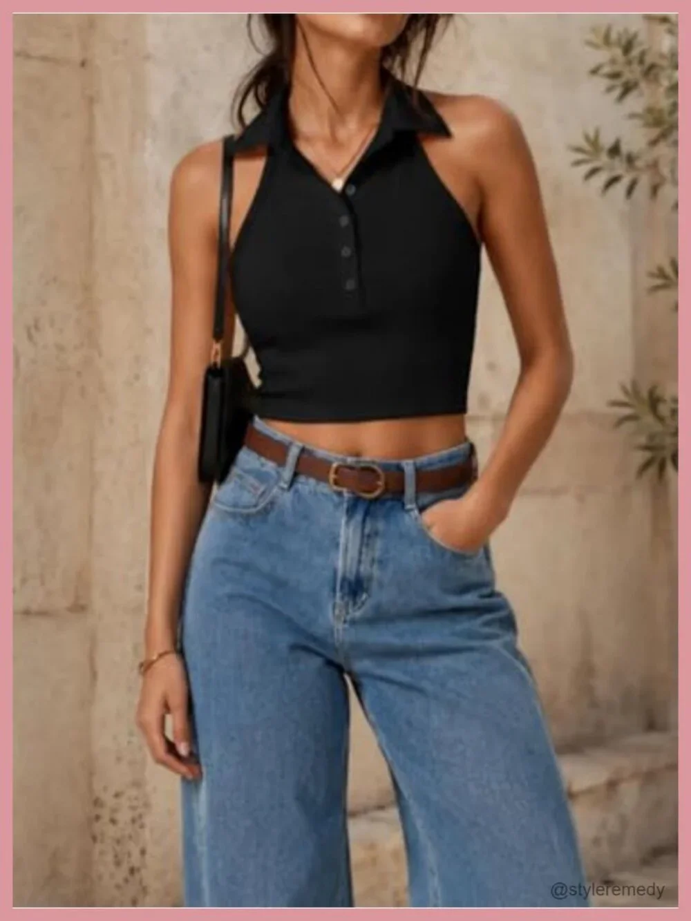 Halter Crop Tops for Women Backless Sleeveless Ribbed Knit Collared Tank Top